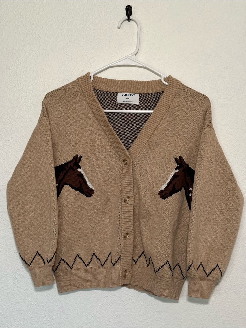 Old Navy Tan V-Neck Cardigan with Brown Horse Motif